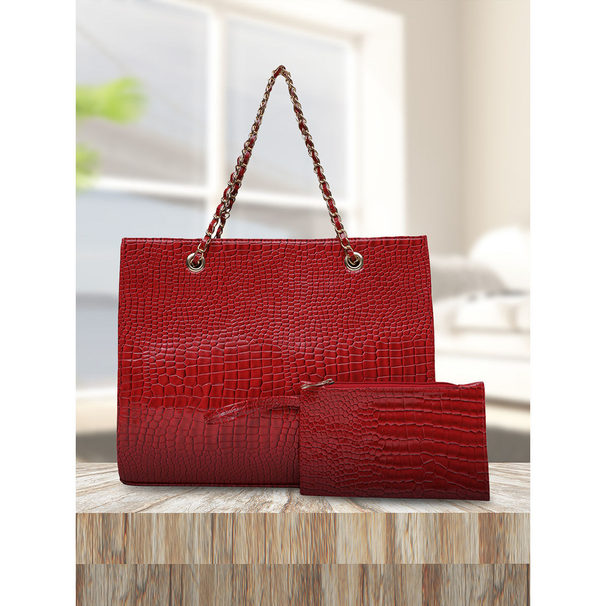 Buy MINI WESST Red Casual Textured Tote Bag with Mobile Pouch Online