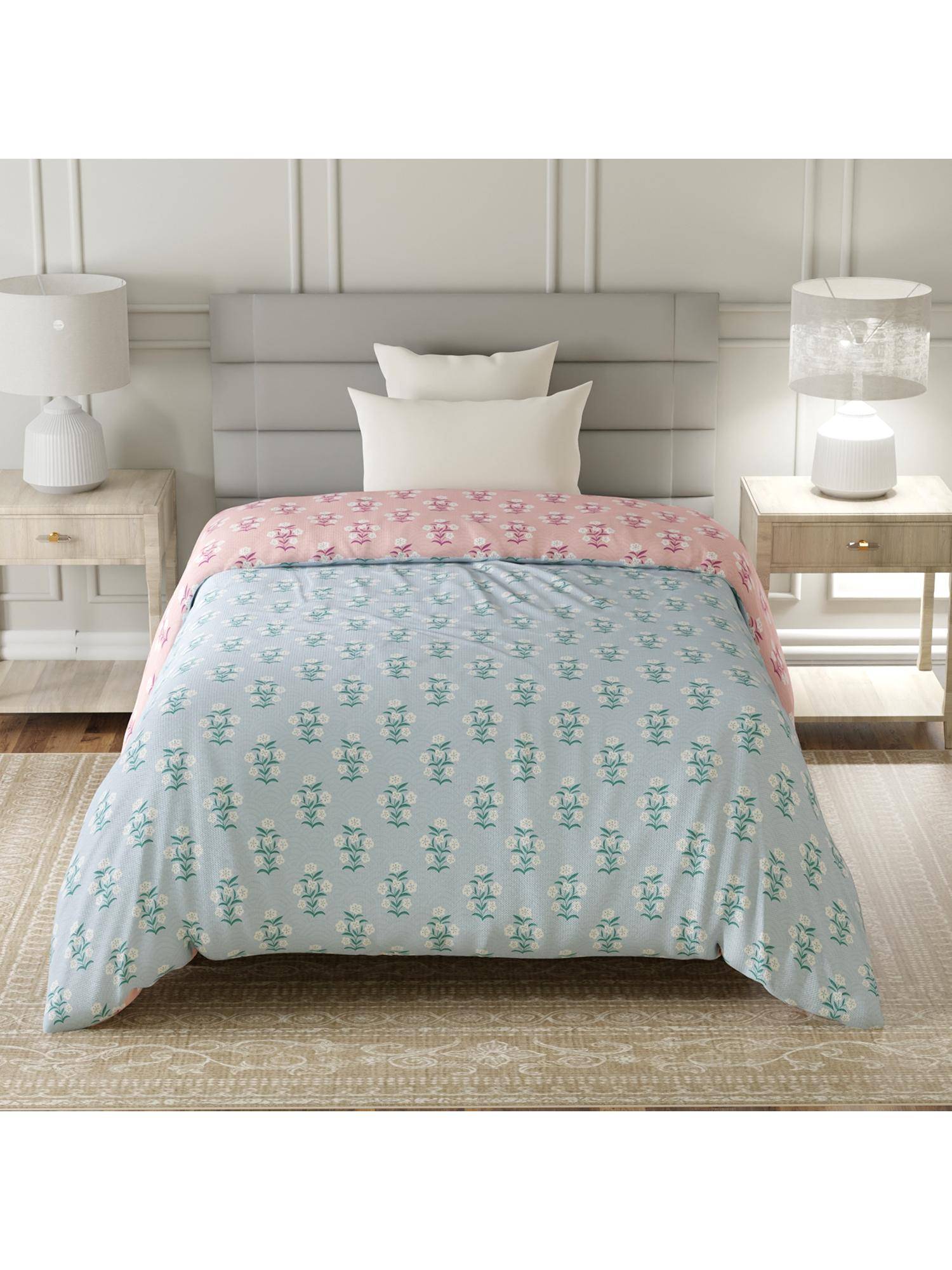 Layers Lumina Floret Cotton 144 TC Blue Floral Single Reversible Comforter
