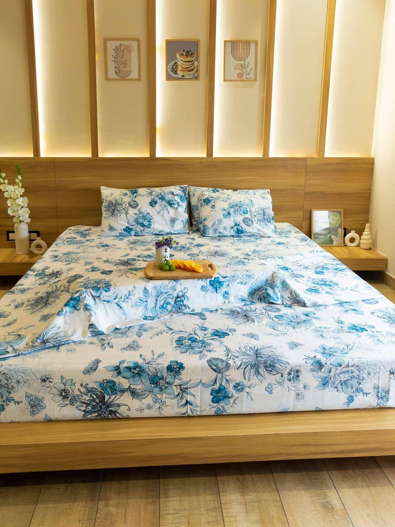 Reysha Parisian Floral Blue Jardin 400 TC Cotton Queen Bedsheet with 2 Pillow Covers