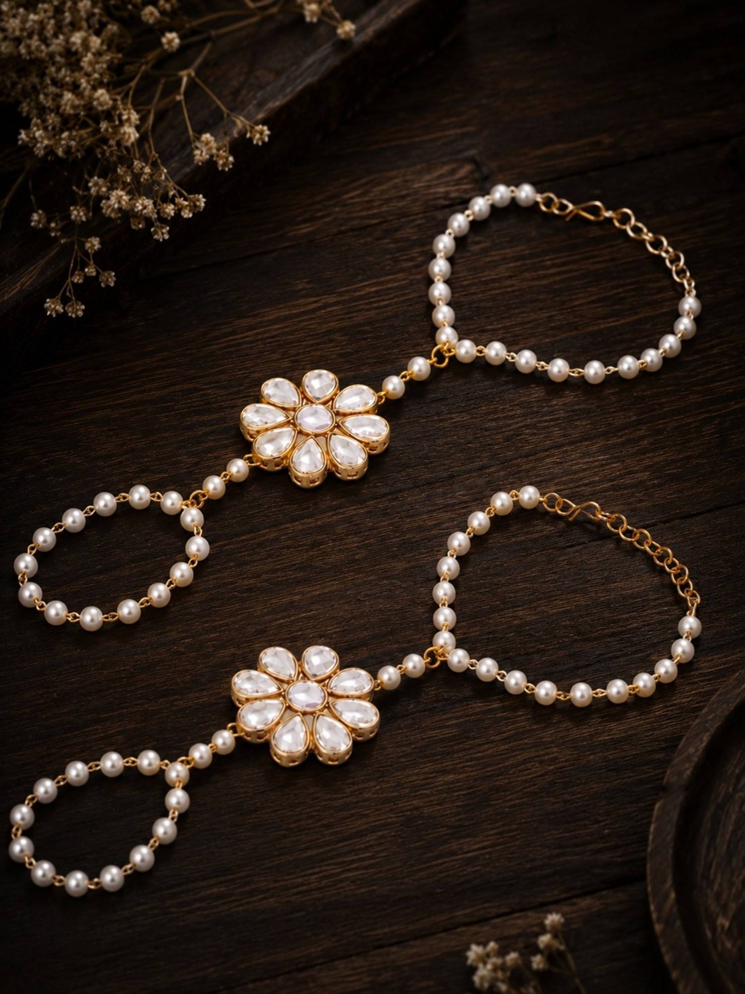 OOMPH Gold Kundan And Pearls Haathphool Bracelet With Ring (Pack of 2)