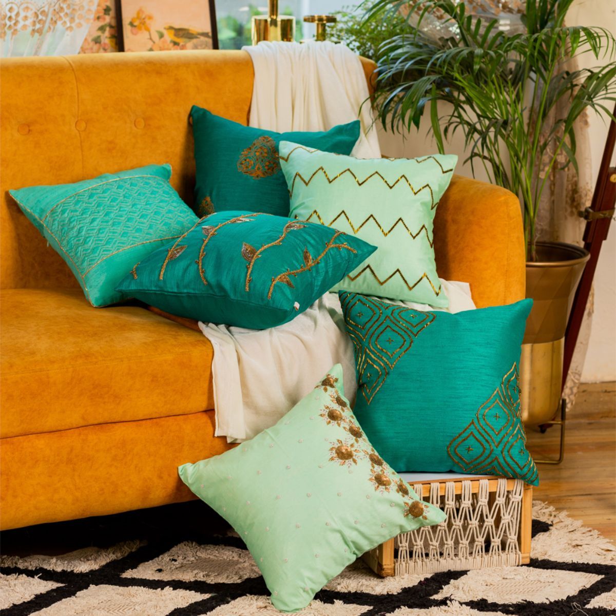 Buy Alcove Green Silk Branches Cushion Cover Online