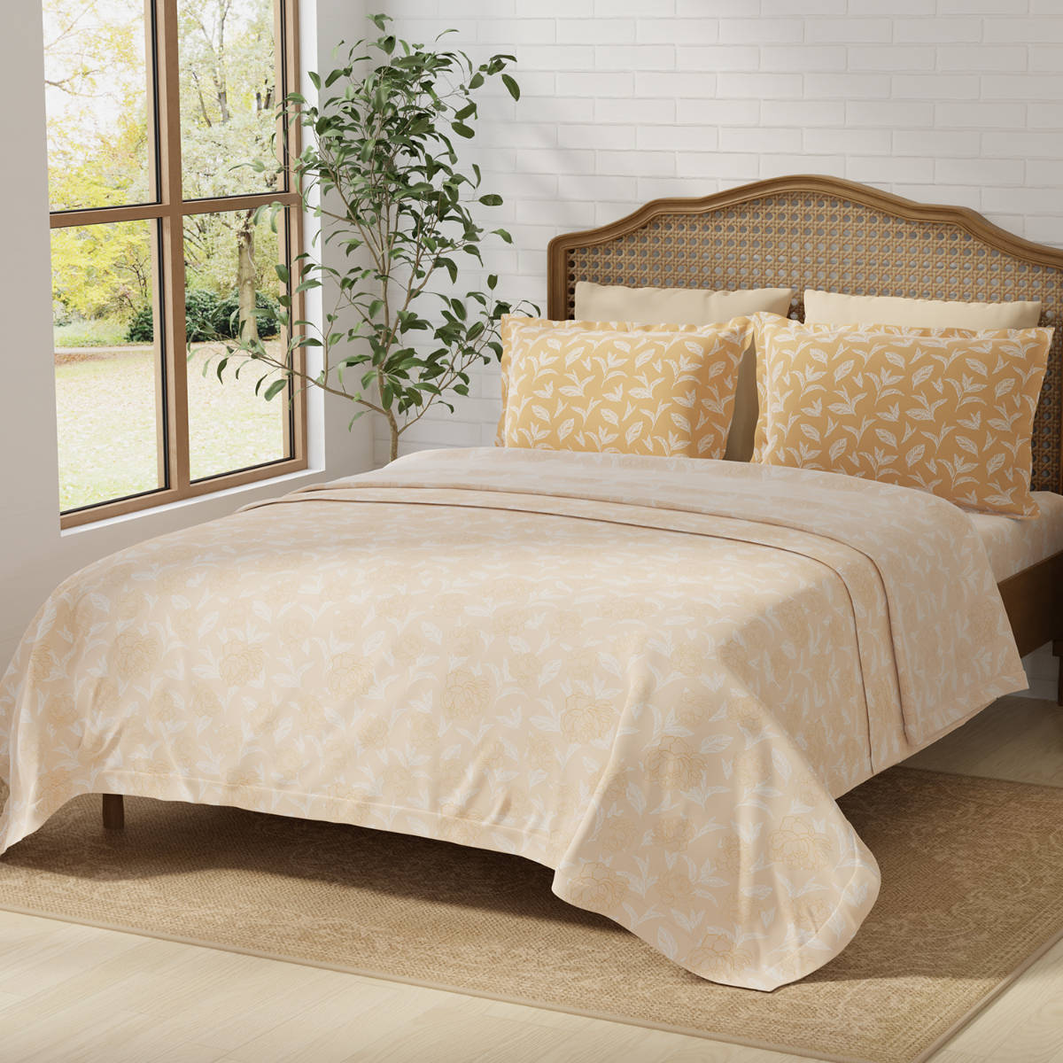 Layers Pure Nest Cotton 180 TC Yellow Floral Bedsheet & 2 Pillow Covers (King)