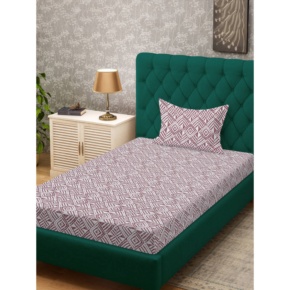 HOSTA HOMES Maroon Fitted 280 TC Cotton Feel Printed Bedsheet & Pillow Cover (Single)