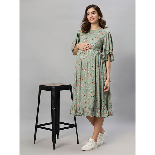 Buy Mamma's Maternity Sage Green Floral Rayon Feeding Dress Online