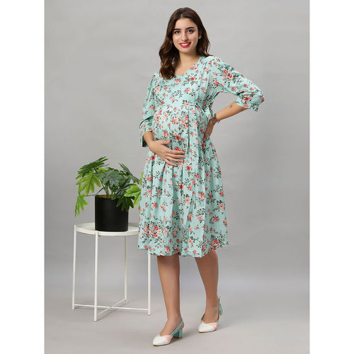 Buy Mamma's Maternity Green Floral Rayon Feeding Dress Online