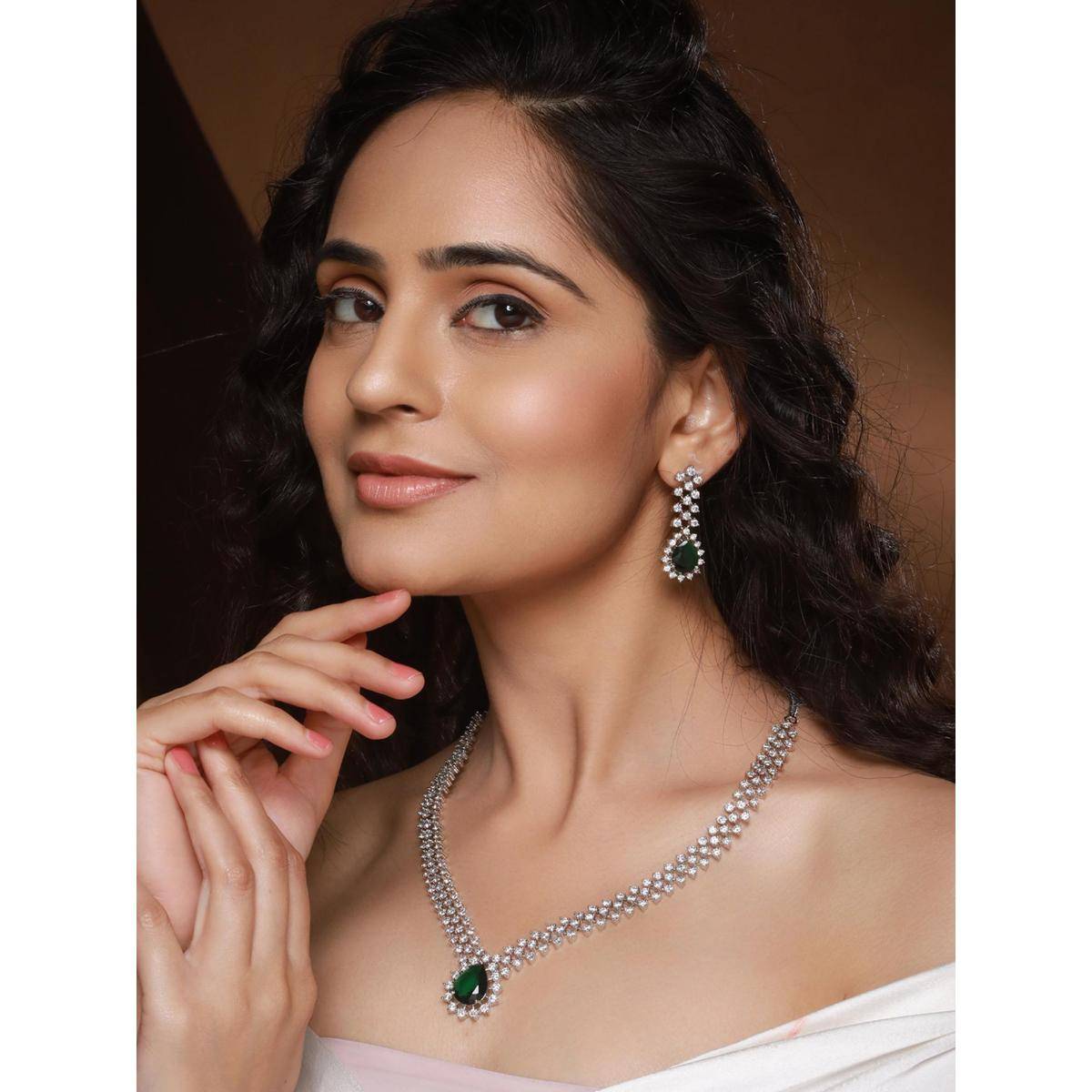 Saraf RS Jewellery Silver Plated Emerald Green Zircon Ad Studded Delicate Jewellery Set