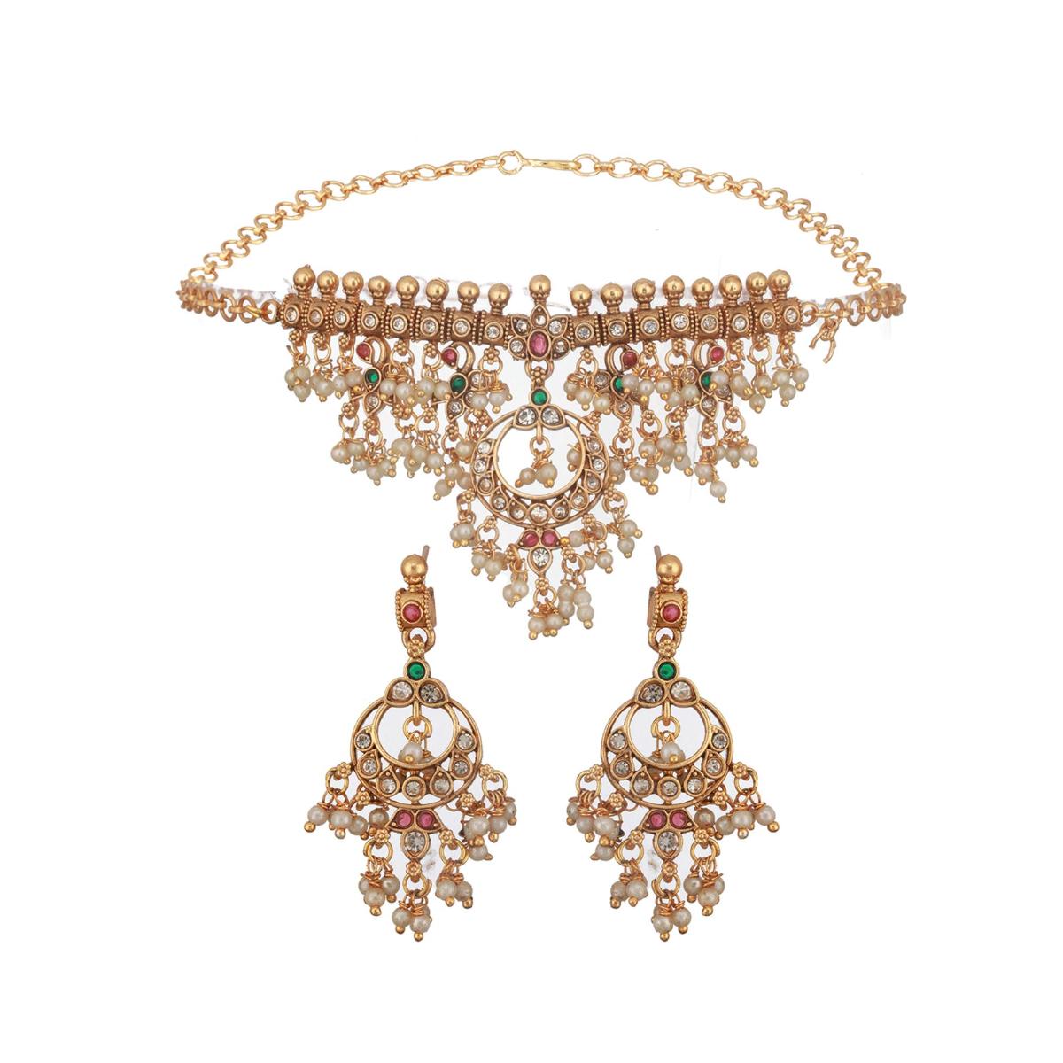 Buy Saraf RS Jewellery Gold Plated Kemp Stones Pearl Beaded Choker