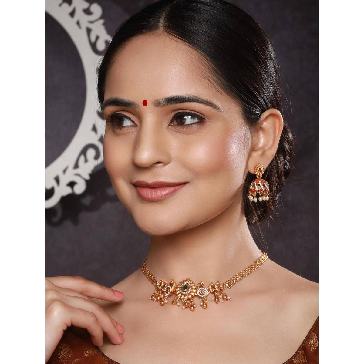 Saraf RS Jewellery Gold Plated Kempo Multi Studded Peacock Minimal Jewellery Set