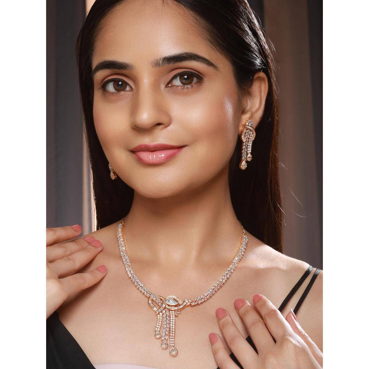 Saraf RS Jewellery Dual Toned Gold Plated Ad Studded Mango Design Jewellery Set
