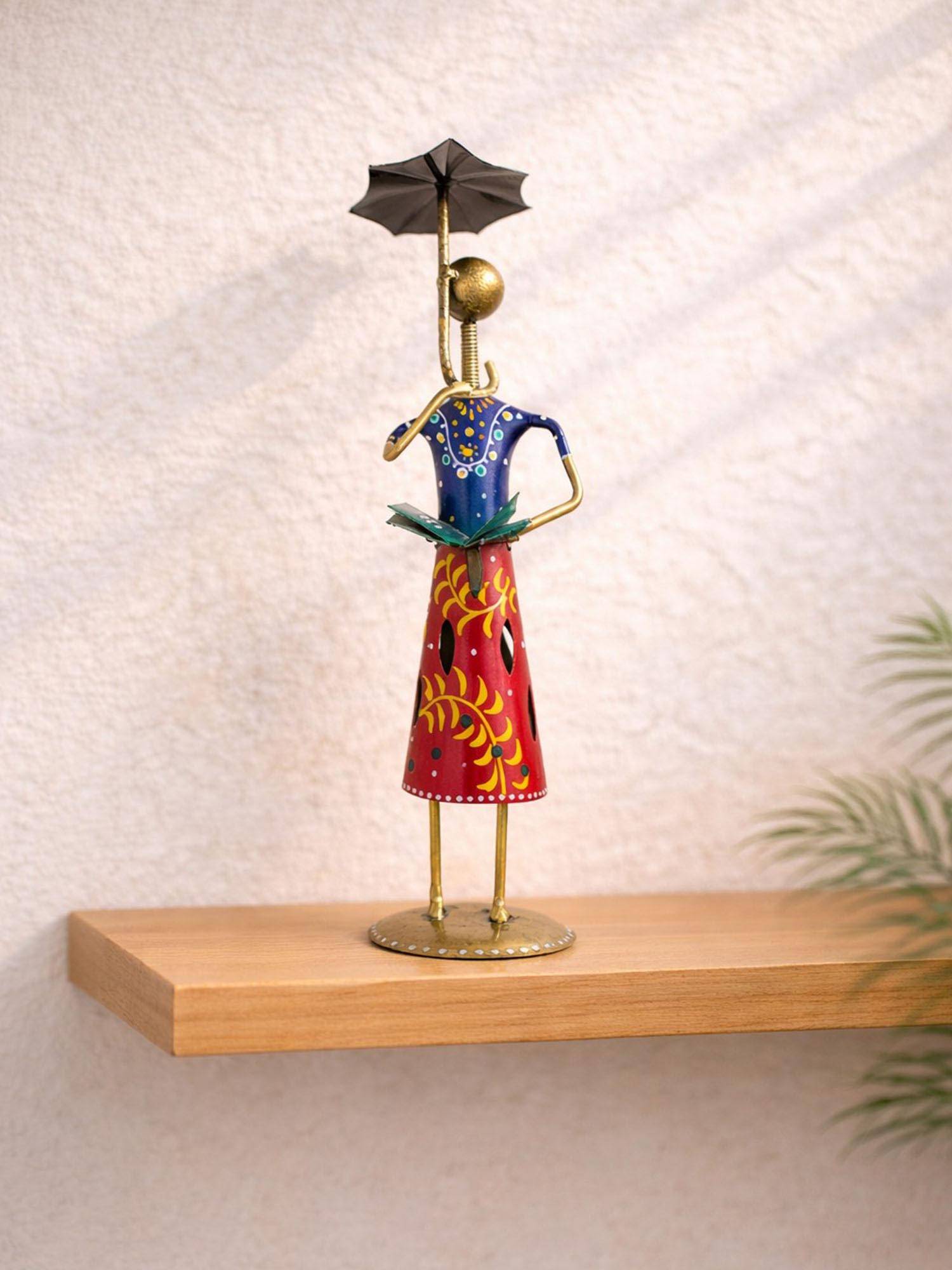 Golden Peacock Blue Red Colour Hand-Painted Lady With Umbrella Showpiece