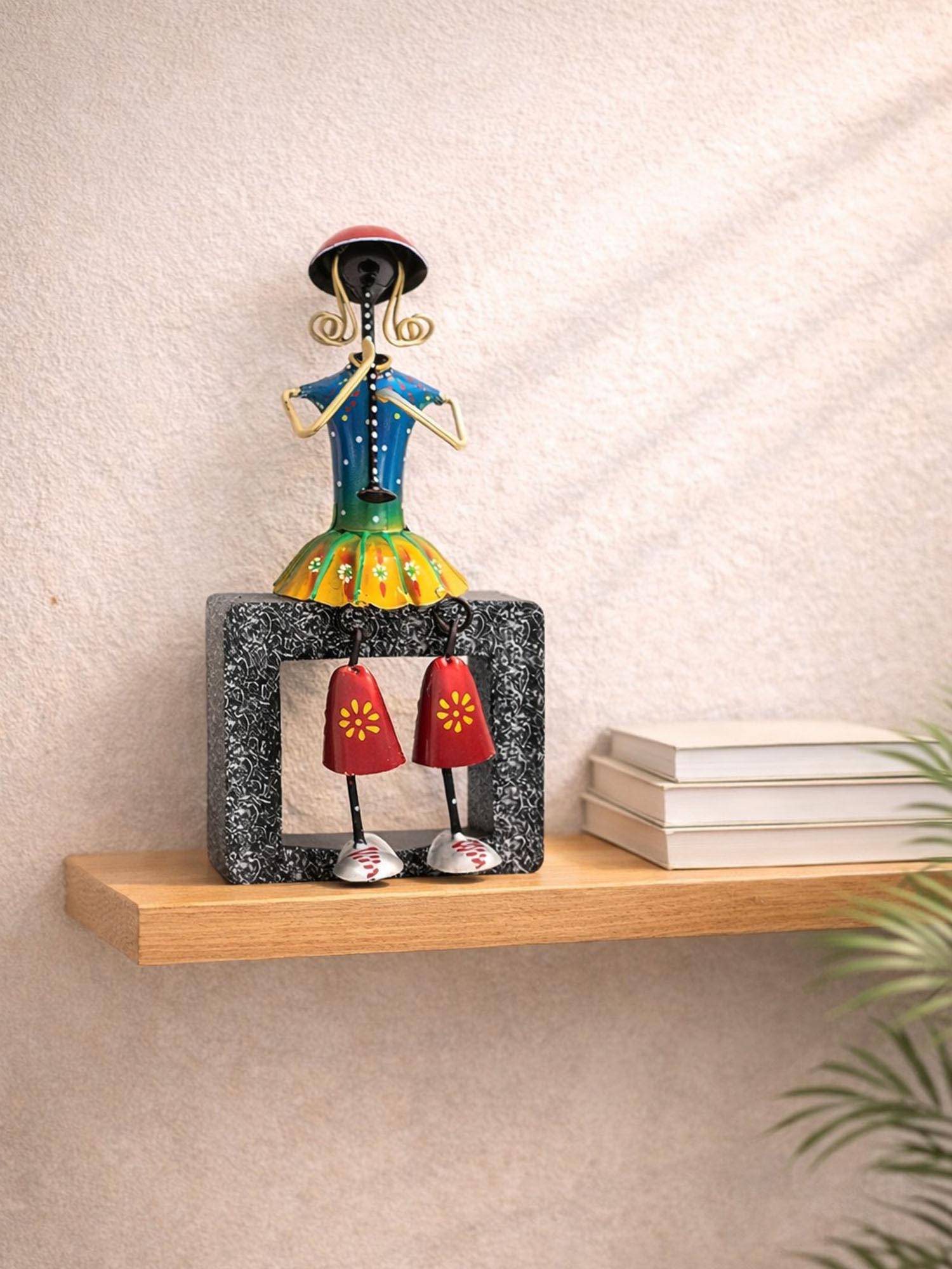 Golden Peacock Black Blue Doll Playing Shehnai Musical Instruments Figurine