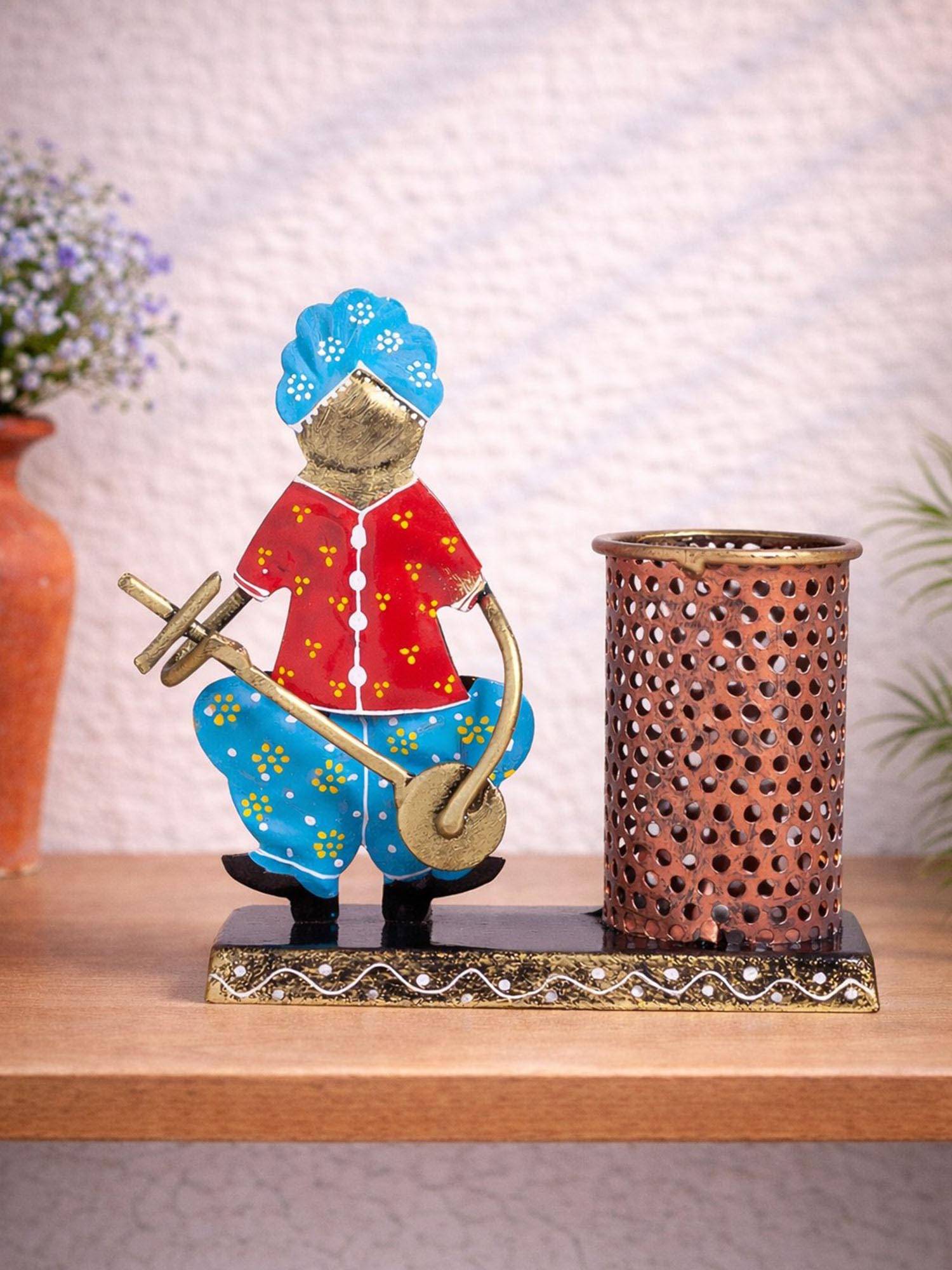Golden Peacock Blue Red Musician Handcrafted Pen Stand and Visting Card Holder