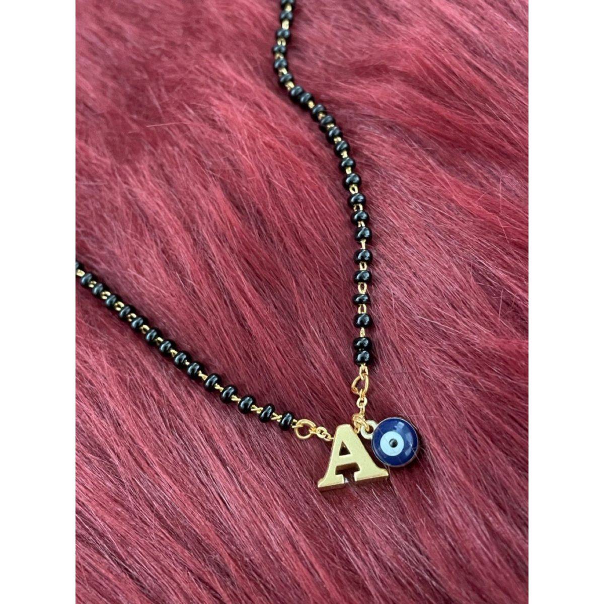 Digital Dress Room A Letter Alphabet with Blue Evil Eye Charm Pendant Short Mangalsutra