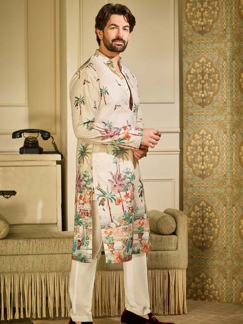 Sojanya Plus (dal 1958) Kurta lungo da uomo in seta jacquard, Beige & Oro, 44 Sojanya Plus (dal 1958) Kurta lungo da uomo in seta jacquard, Beige & Oro, 44