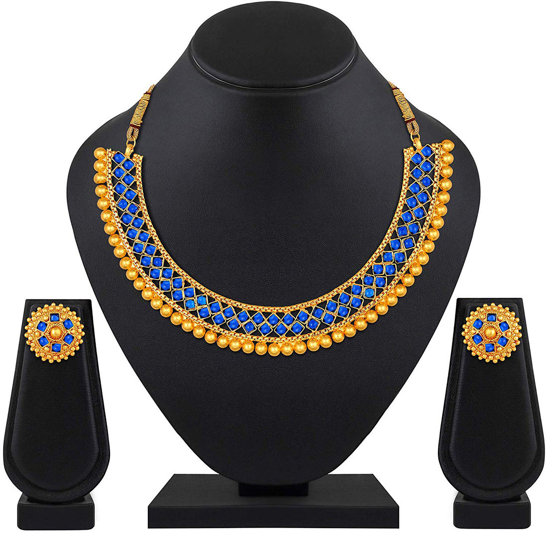 Peora 18K Golden Ball with Blue Stone Traditional Brass Necklace Set