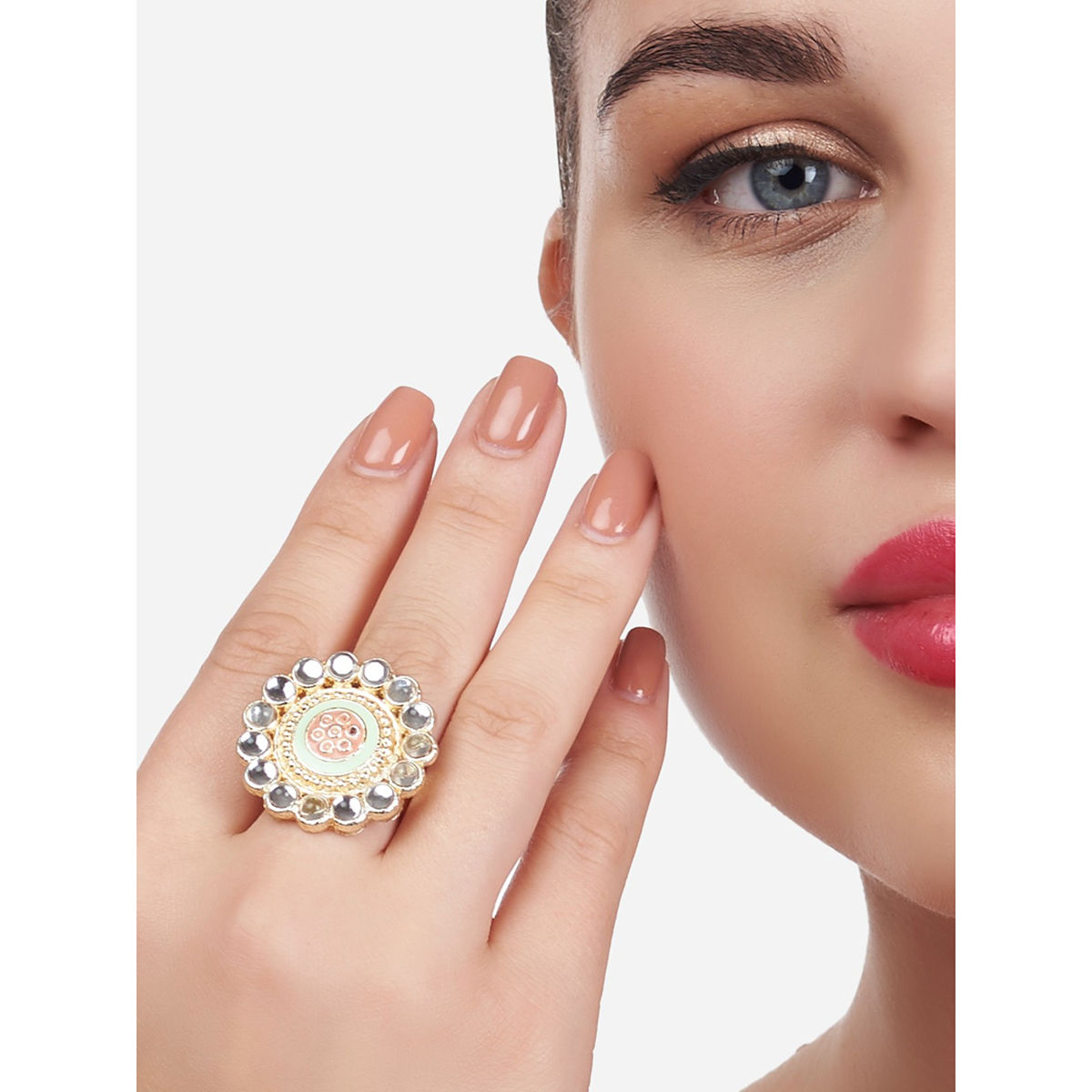 Zaveri Pearls Green & Peach Meenakari Flower Shape Kundan Ethnic Ring