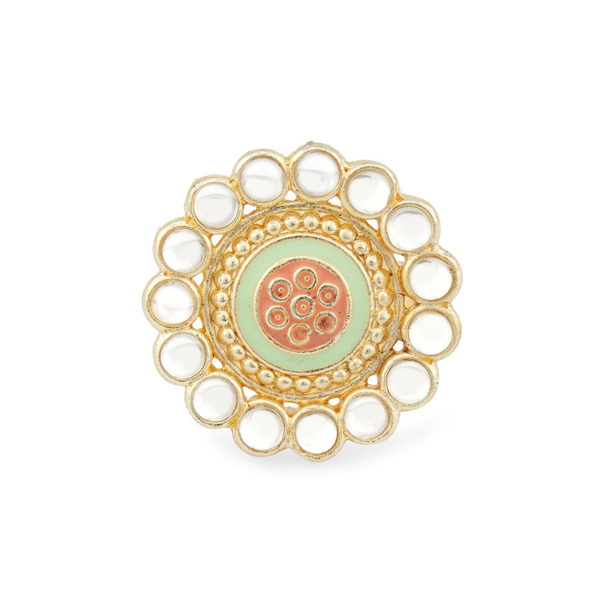 Zaveri Pearls Green & Peach Meenakari Flower Shape Kundan Ethnic Ring