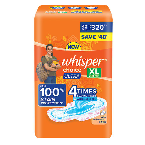 Whisper Choice Sanitary Pads for Women, XL 20 Napkins