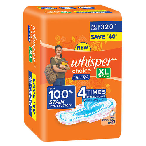 Whisper Choice XL Sanitary Pads|Pack of 36 thick Pads|XL|upto 100% Stain  protection|side safe Wings|28 cm Long