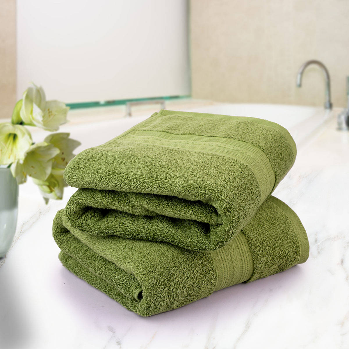 Himeya 100% Cotton Bath Towel 500 Gsm- Olive Green(Pack Of 2)