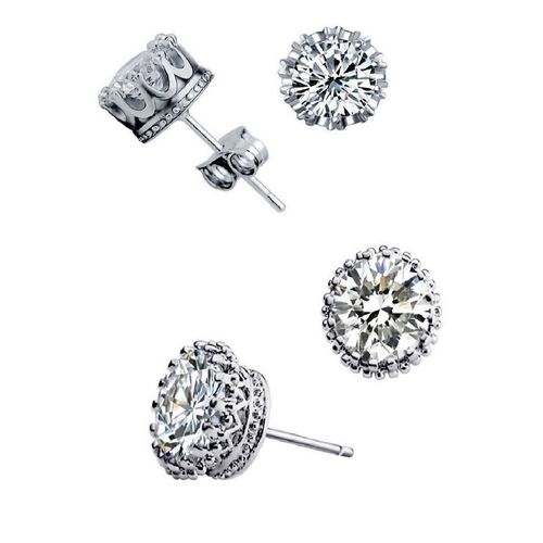 OOMPH Set Of Silver Tone Round Crown Design Cubic Zirconia Ear Stud  Earrings