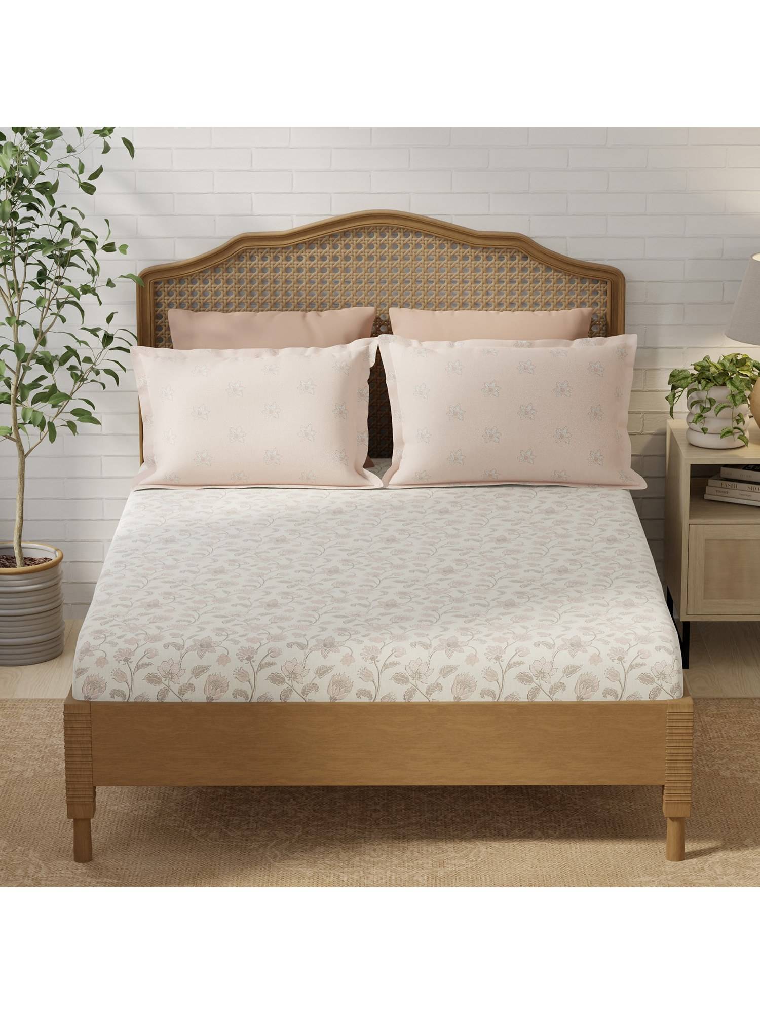 Layers Pristine Cotton Peach Floral Fitted Bedsheet with 2 Pillow Covers (King)