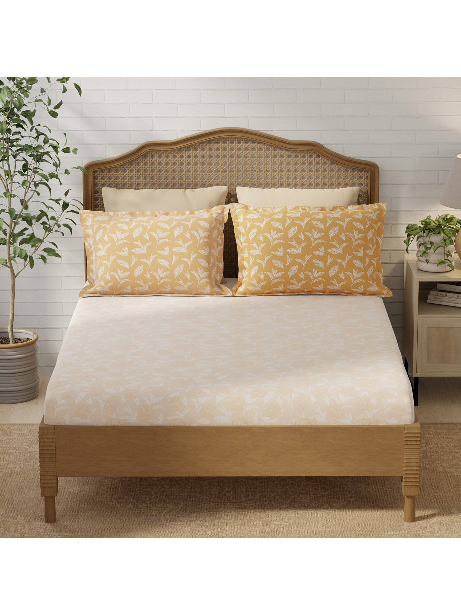 Layers Pristine Cotton Peach Floral Fitted Bedsheet with 2 Pillow Covers (King)