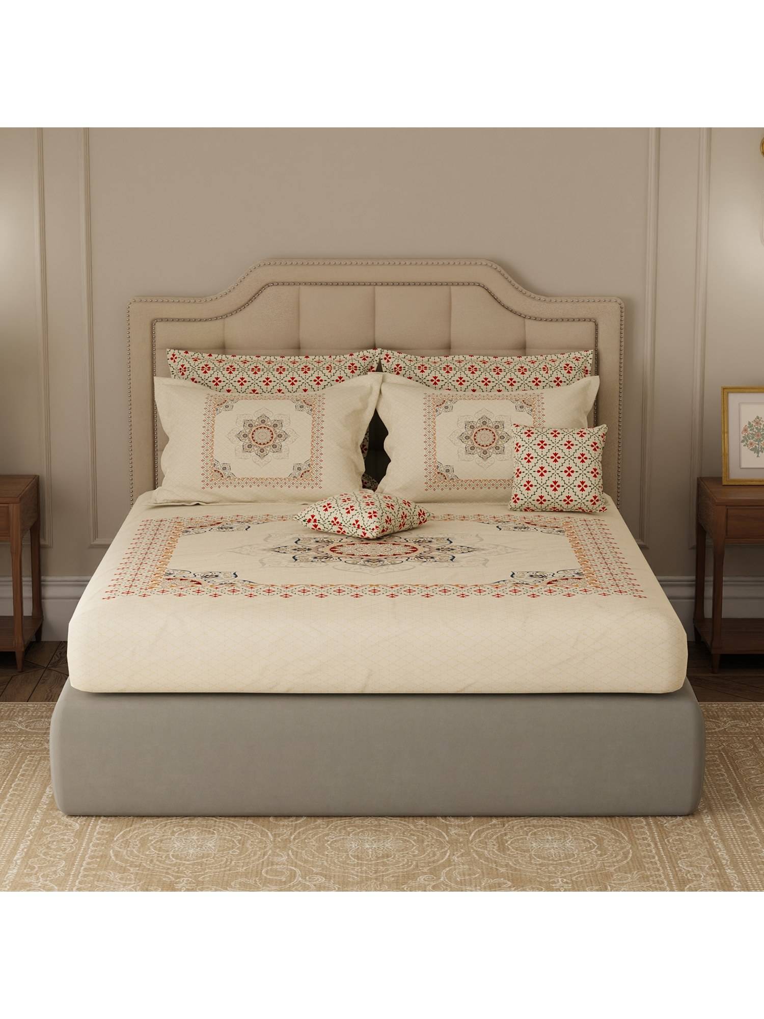 Boutique Living Royal Essence Kashmir Cotton Beige Ethnic Print Bedsheet Set (King)