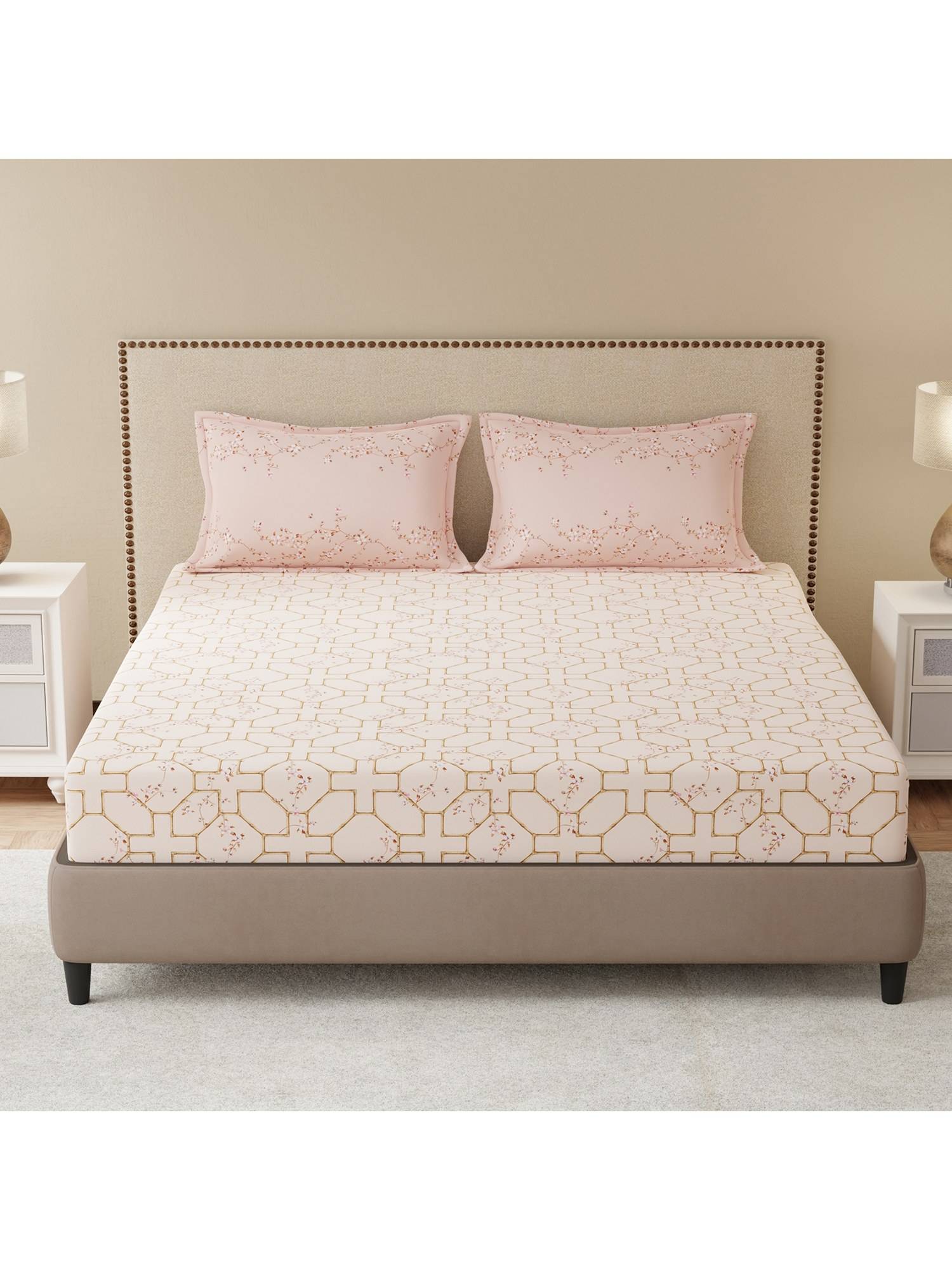 Boutique Living Gardenia Augusta Cotton Pink Floral Bedsheet with Pillow Covers (King)