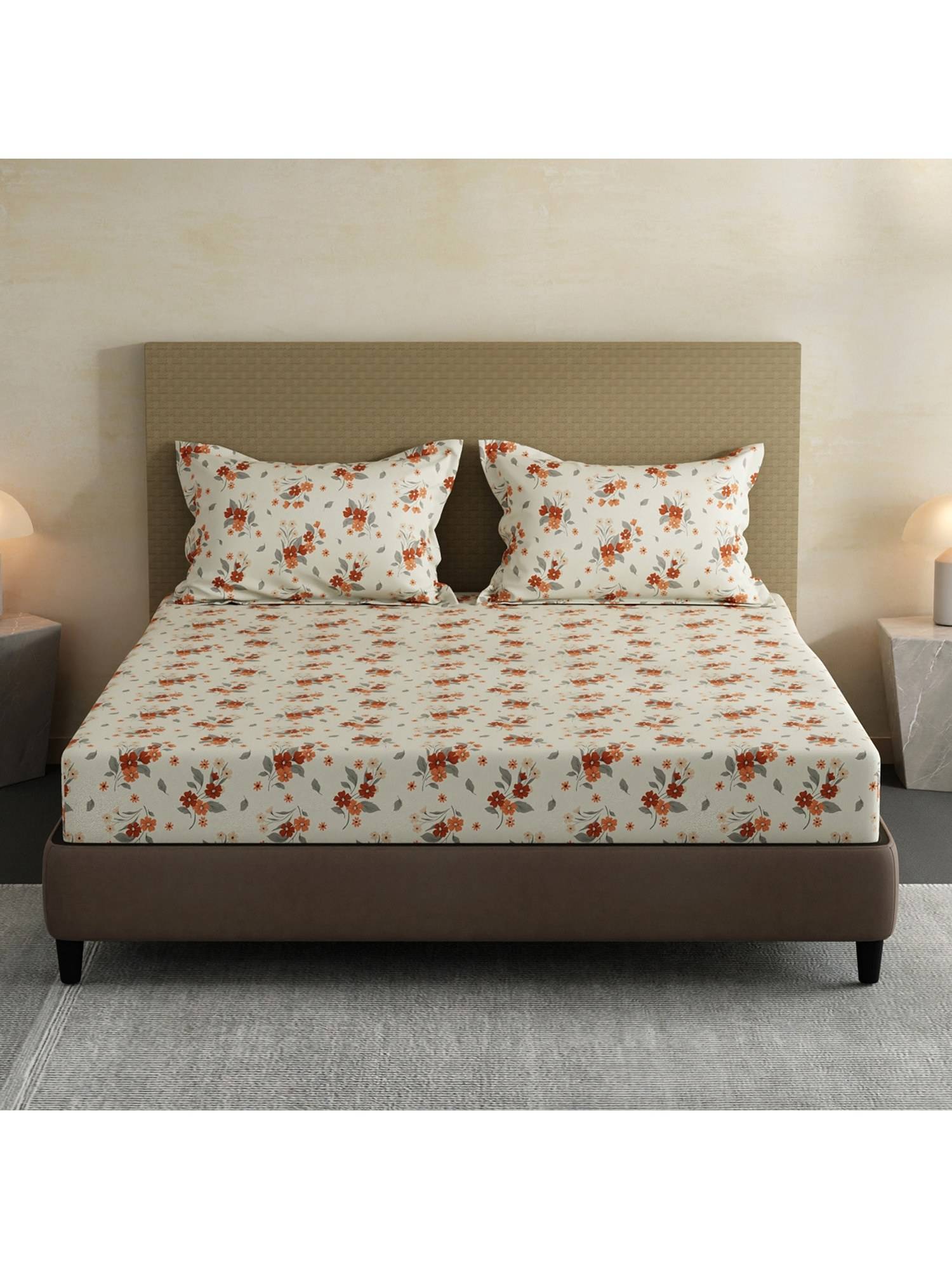 Layers Lumina Floret Cotton Orange Floral Fitted Bedsheet with 2 Pillow Covers (King)