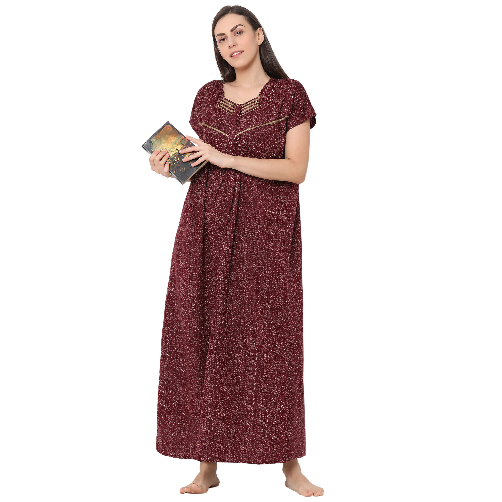 Sweet Dreams Women Half Sleeves Cotton Maxi Nightdress Maroon Buy