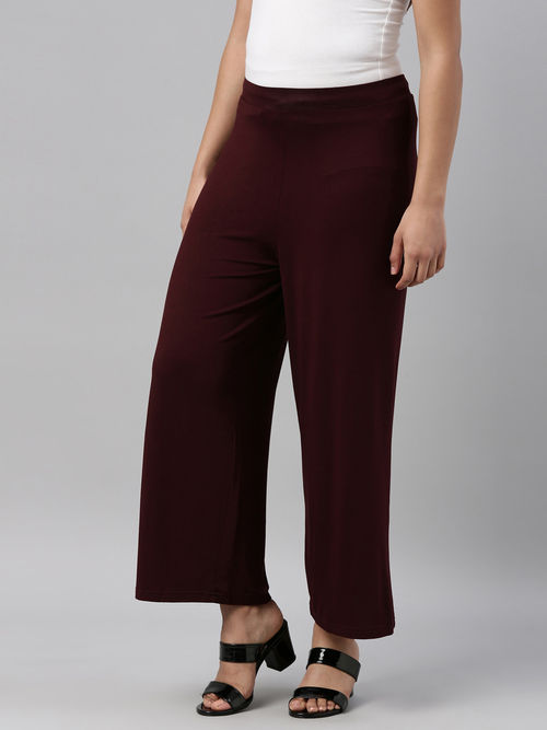 Go Colors Women Dark Wine Solid Knit Viscose Mid Rise Palazzos Maroon  (S/M)