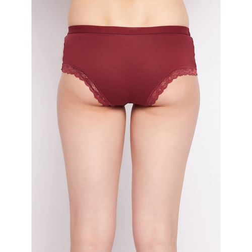 Buy Low Waist Hipster Panty in Maroon with Lace Trims - Cotton