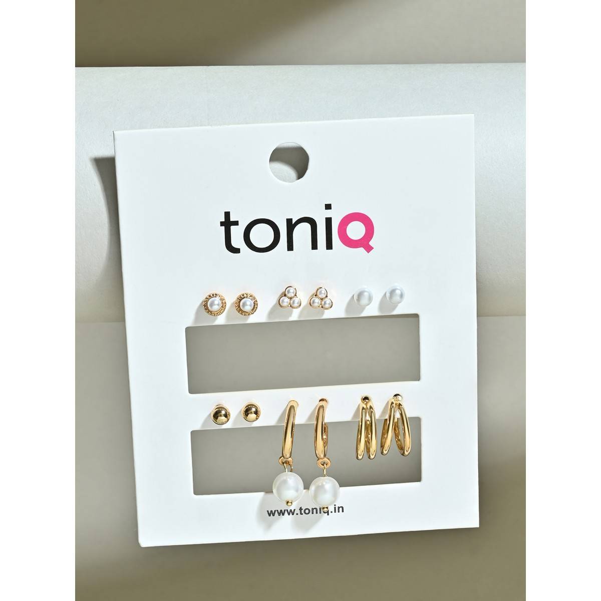 ToniQ Gold and Pearl Studs and Drop Ear Stackers (Pack Of 6)