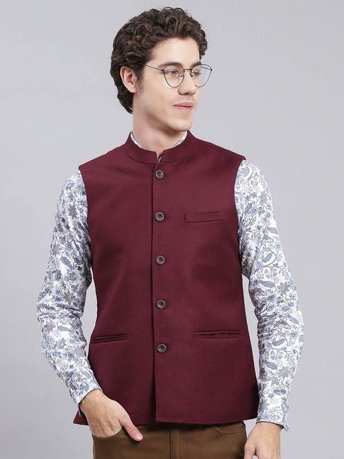 Buy Monte Carlo Maroon Solid Mandarin Nehru Jacket Online