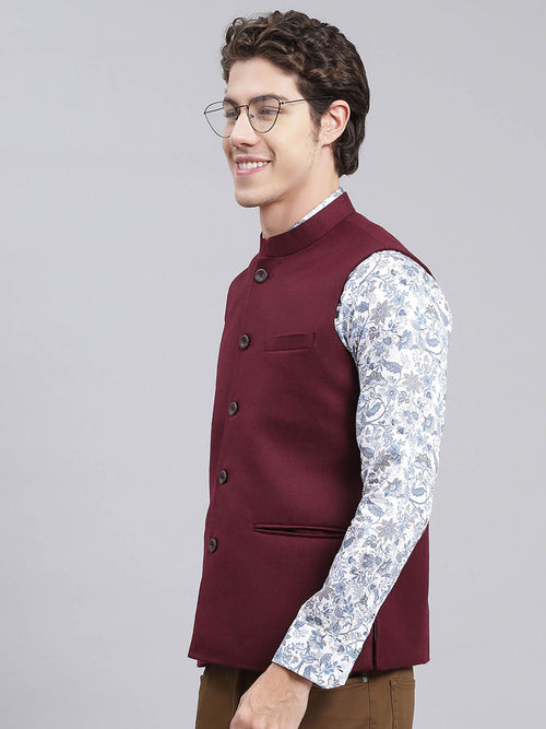 Buy Monte Carlo Maroon Solid Mandarin Nehru Jacket Online