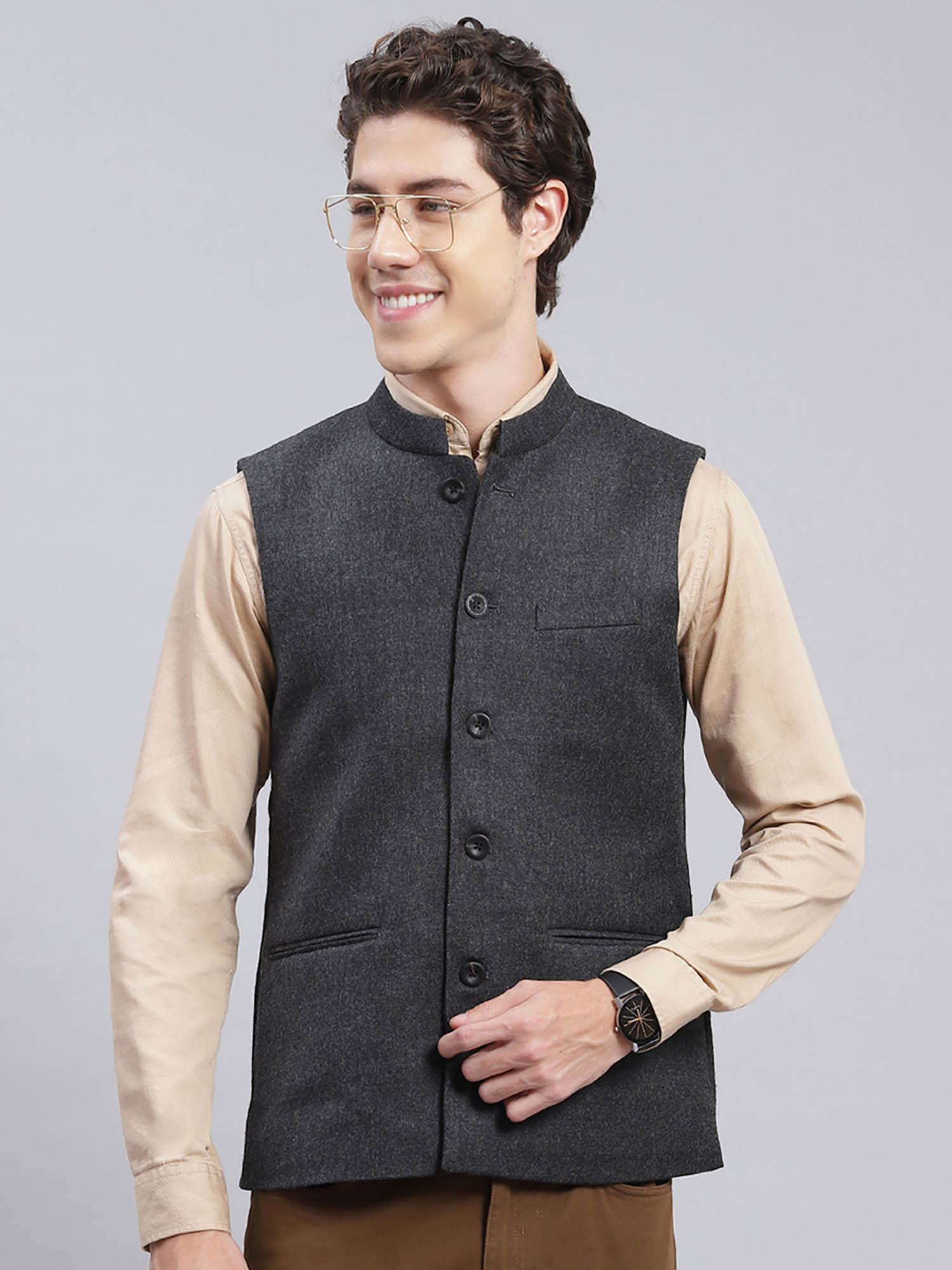 Monte Carlo Charcoal Solid Mandarin Nehru Jacket S