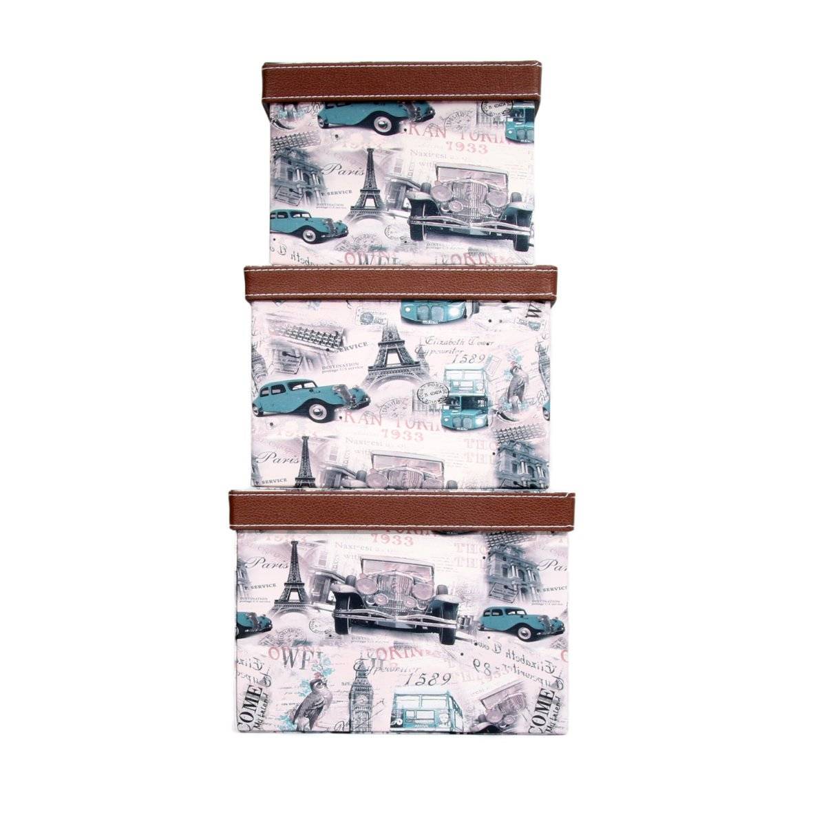 EZ Life Sassy Storage Boxes Organizer Storage Jute & PU Square Brown (Set of 3)