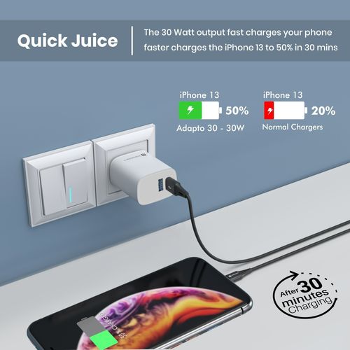 Portronics Adapto 30 30W Dual Output (Type C USB A) Adapter Charger, Fast  Charging-White