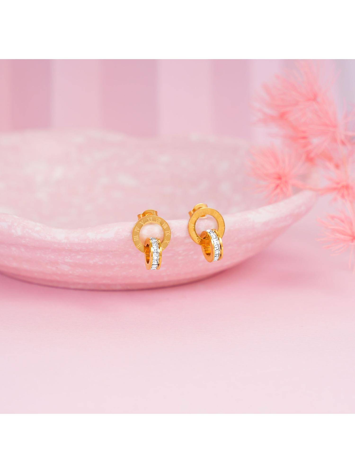NAITRA White Stainless Steel 18K Gold Plated Stones Pair Of Earrings