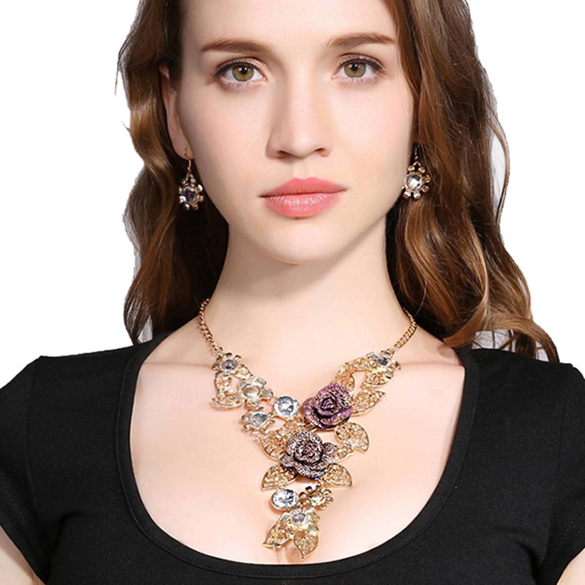 Yellow Chimes Gold-Plated White & Purple Stone-Studded Floral Jewellery Set