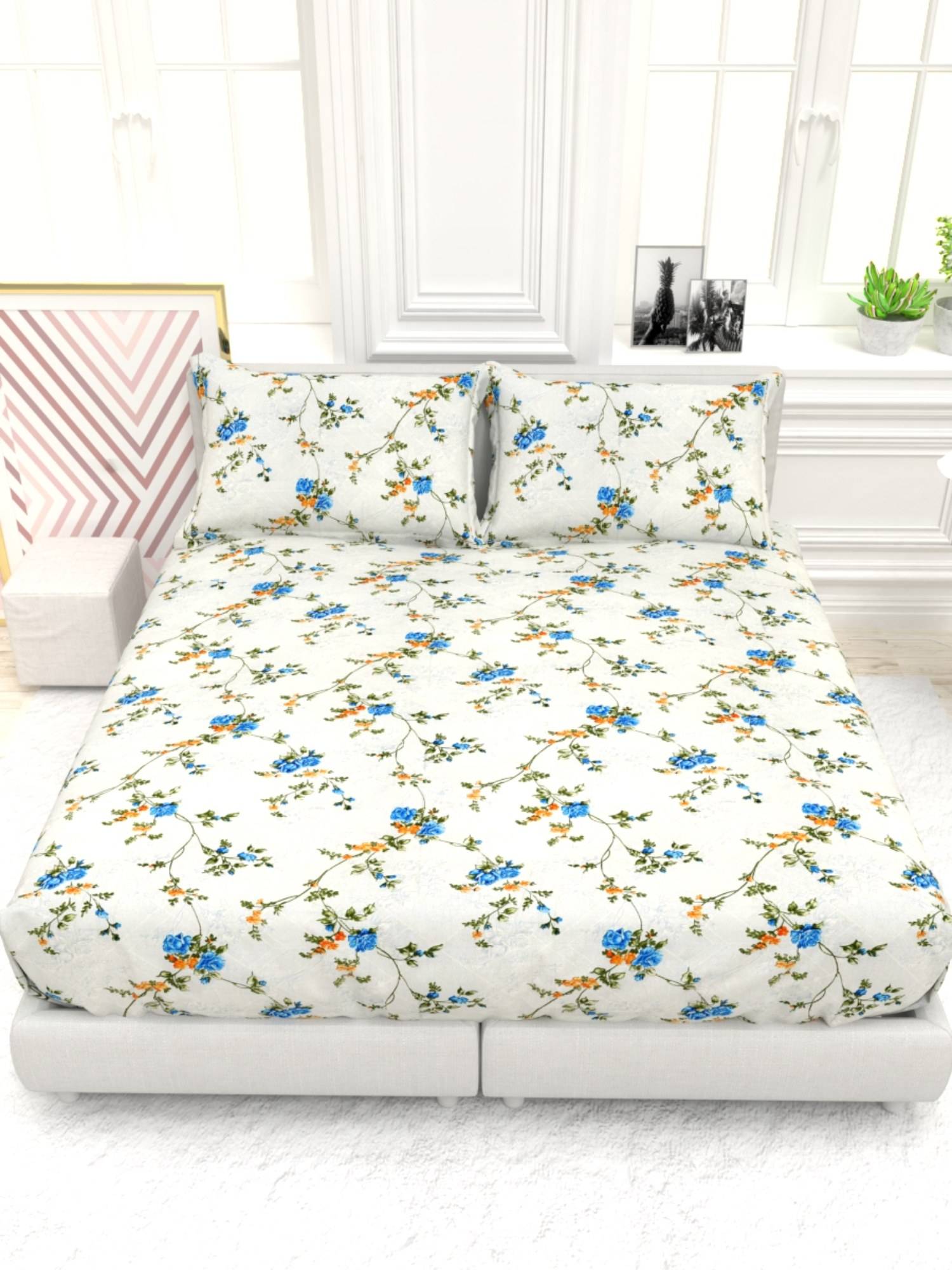 The White Moss Blue Pure Cotton 220Tc Double Size Bedsheet With 2 Pillow Covers