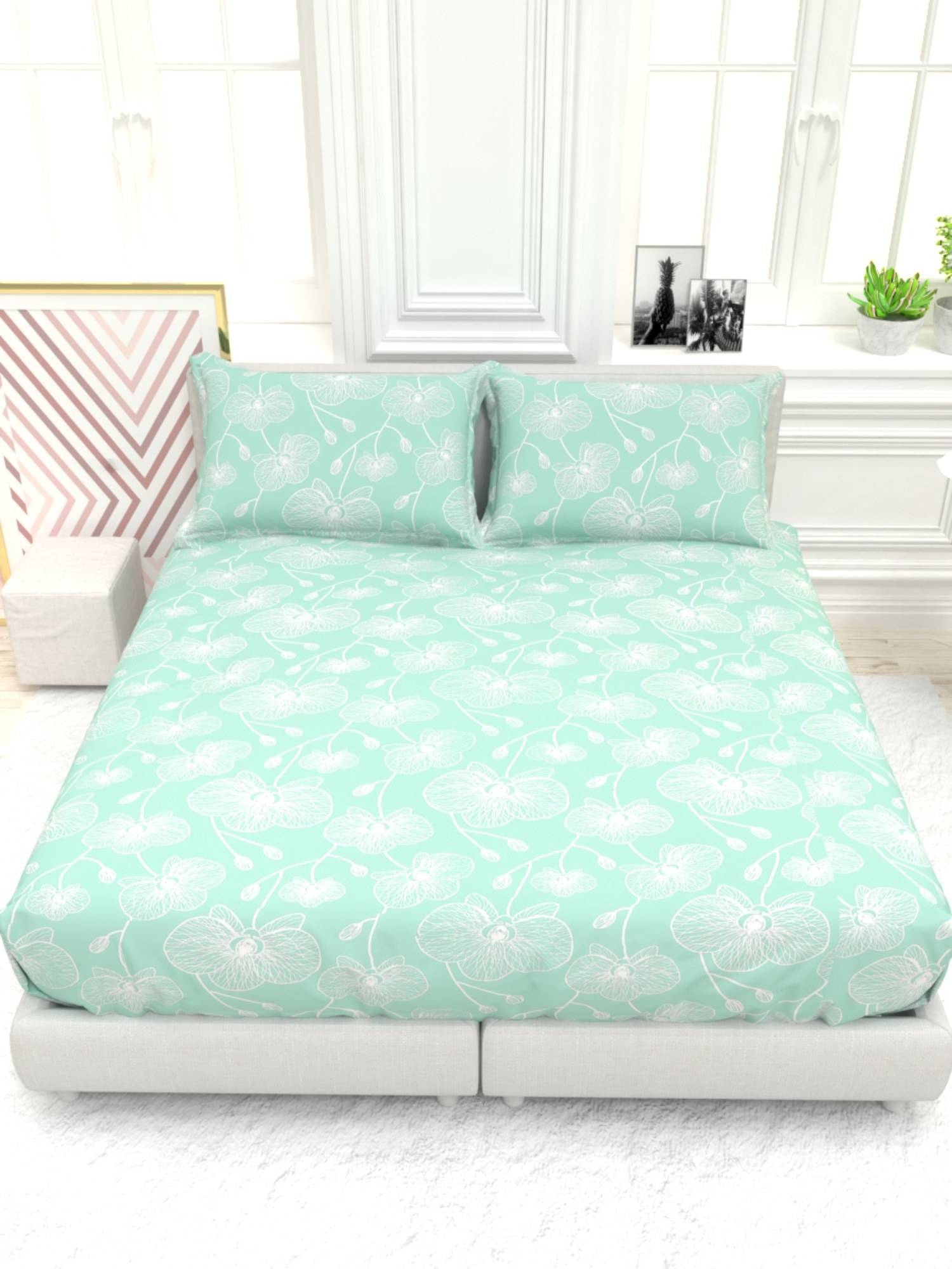 The White Moss Green Pure Cotton 220Tc Double Size Bedsheet With 2 Pillow Covers