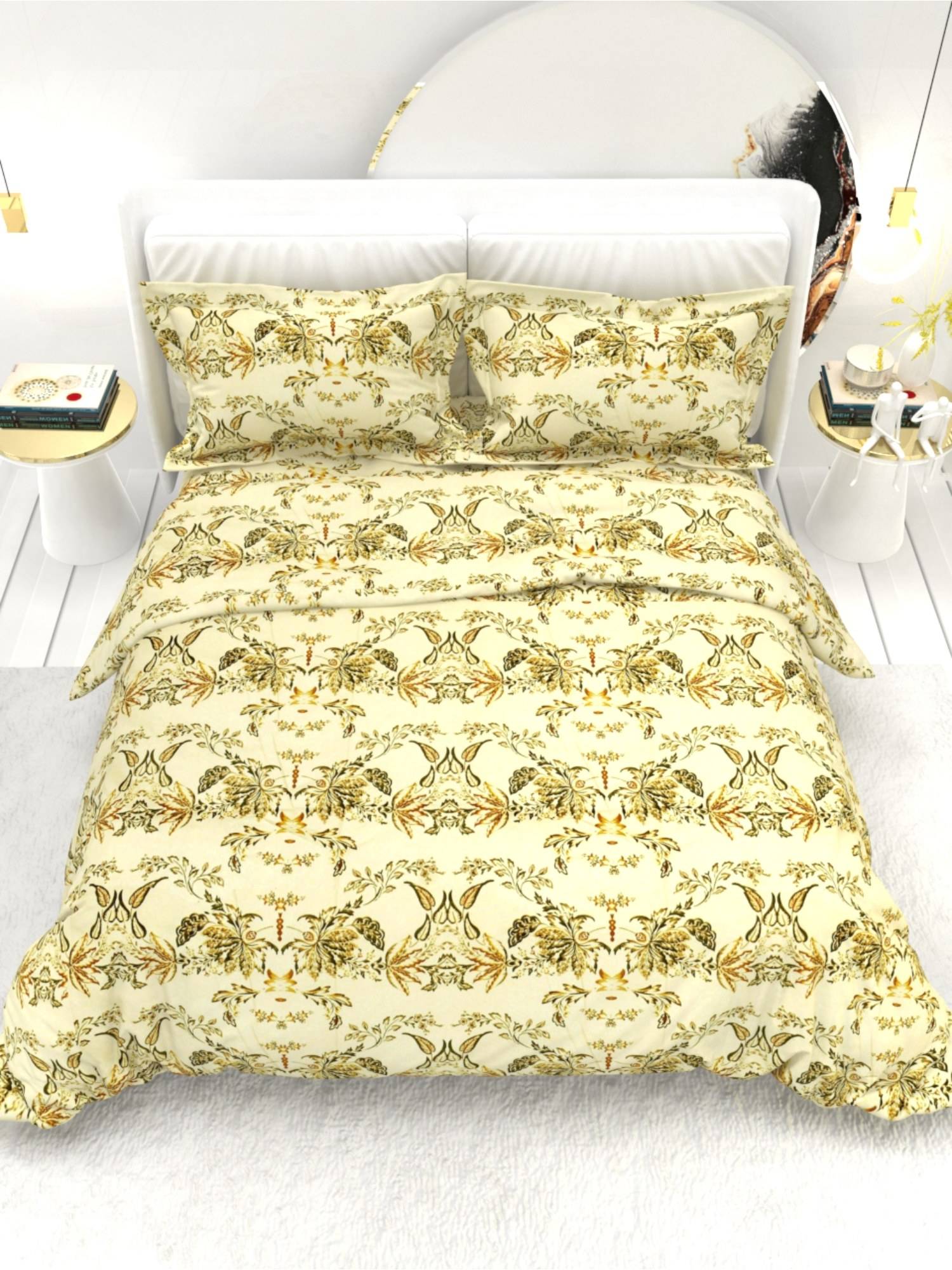 The White Moss Beige Brown Pure Cotton 220Tc Double Size Bedsheet With 2 Pillow Covers