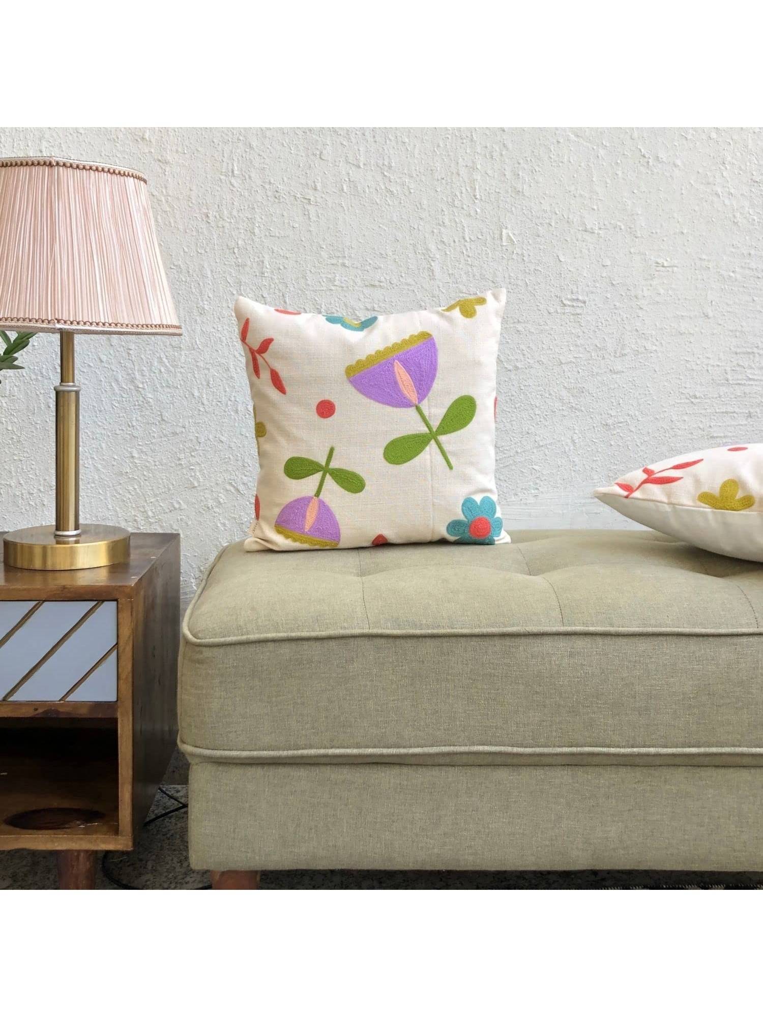 JASMEY HOMES Embroidered Cushion Cover - Floral (16x16 Inches)