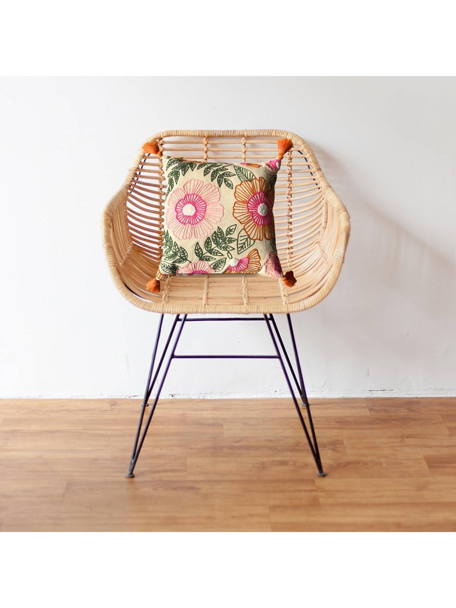 JASMEY HOMES Embroidered Cotton Cushion Cover - Pink Floral (16x16 Inches)