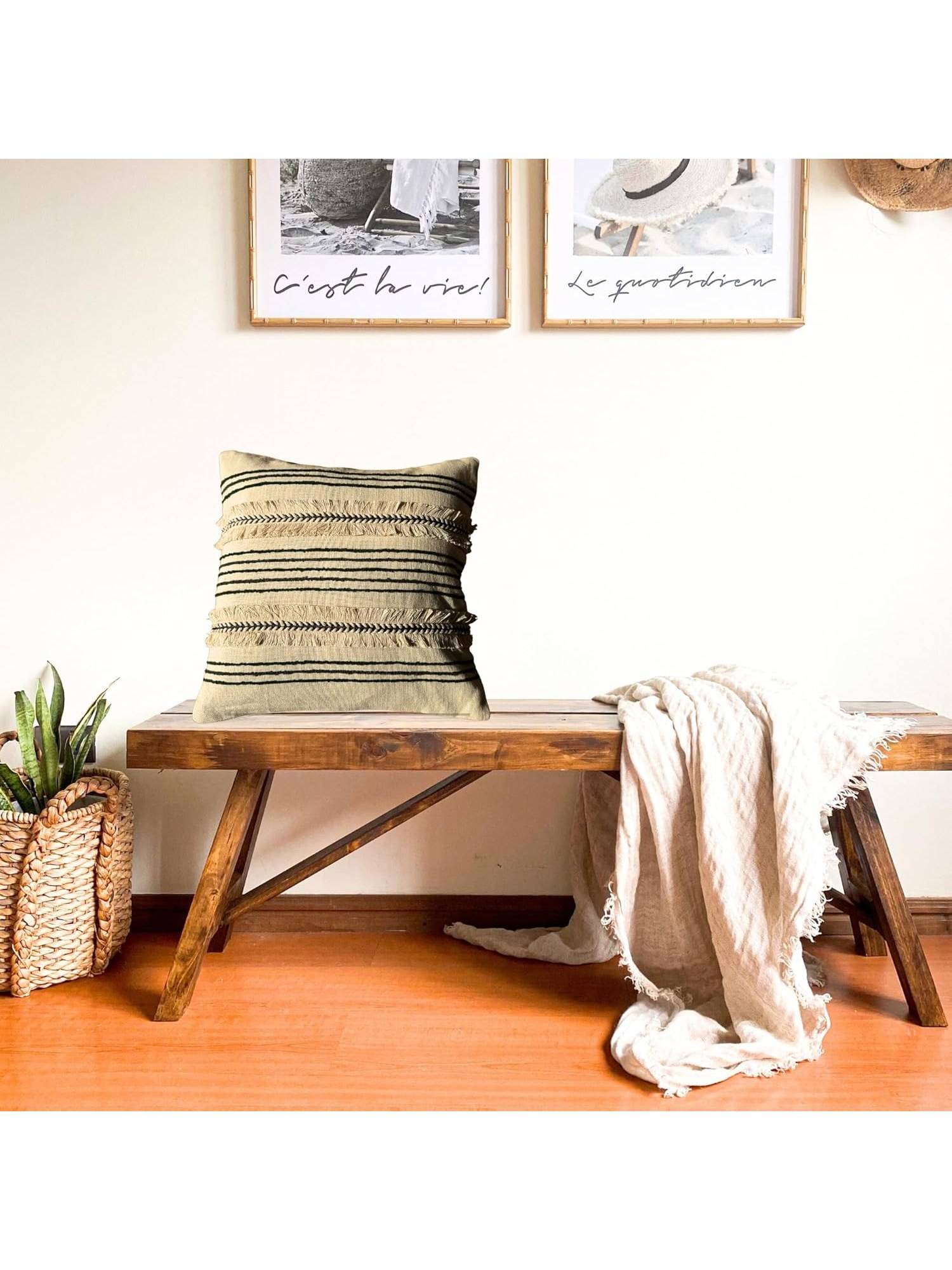 JASMEY HOMES Boho Cotton Cushion Cover - Green Stripe (16x16 Inches)
