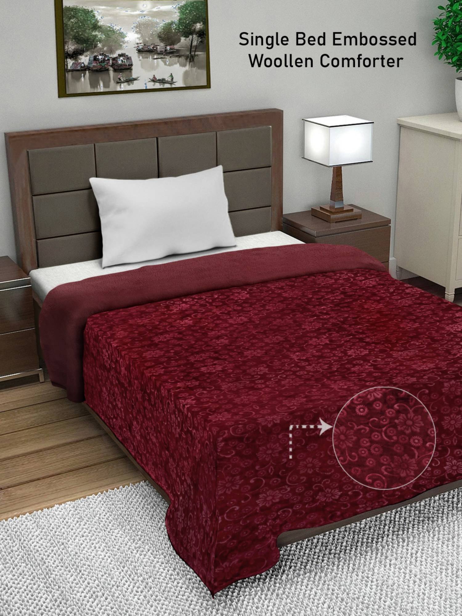 FABINALIV Maroon Floral Mild Winter 500 GSM Embossed Woollen Single Bed Comforter