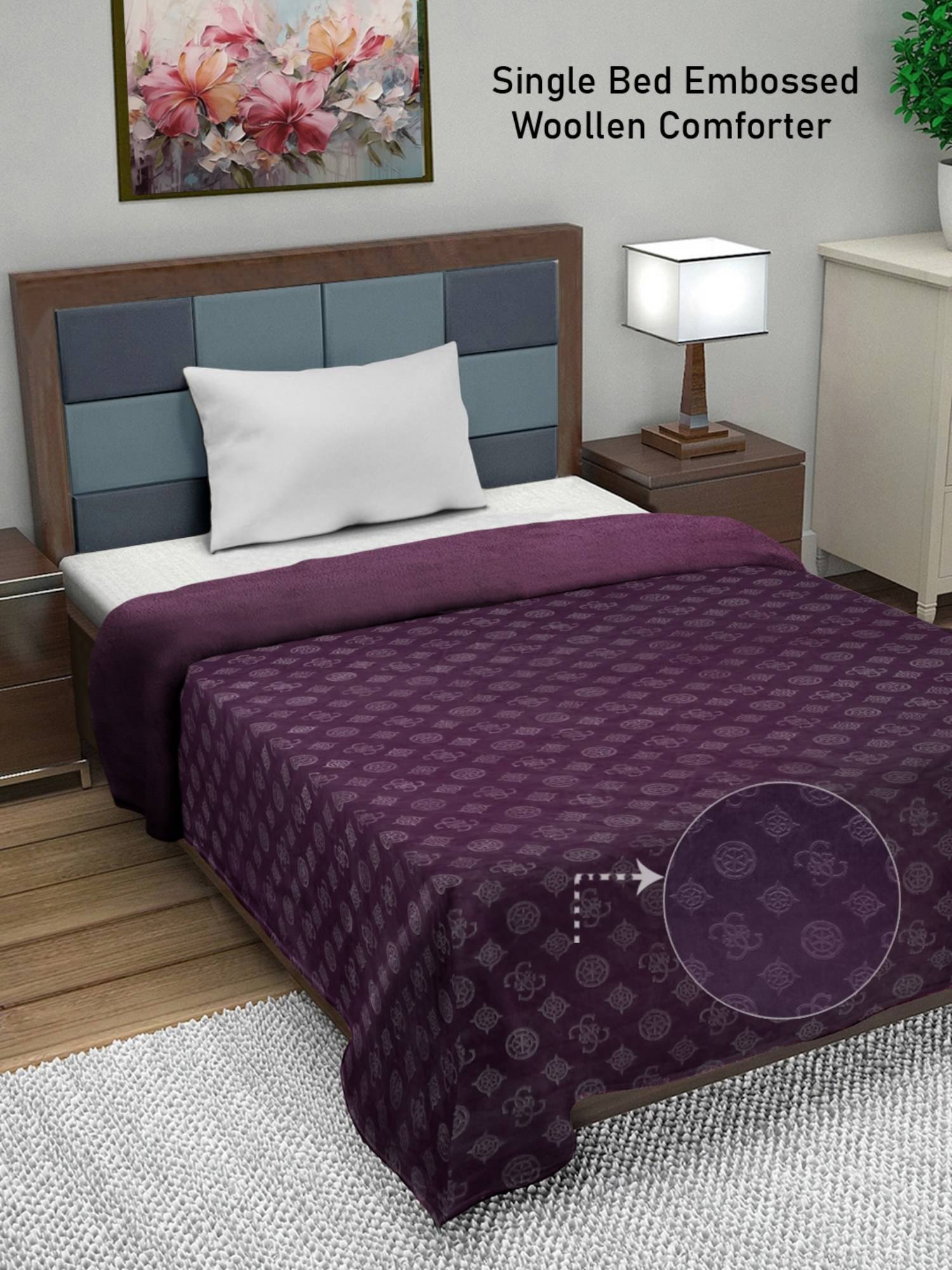 FABINALIV Raisin Purple Geometric Mild Winter 500 GSM Embossed Woollen Single Bed Comforter