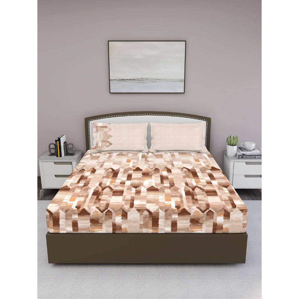 GM Brown Off White Geometric 180 TC King Bedsheet with 2 Pillow Covers